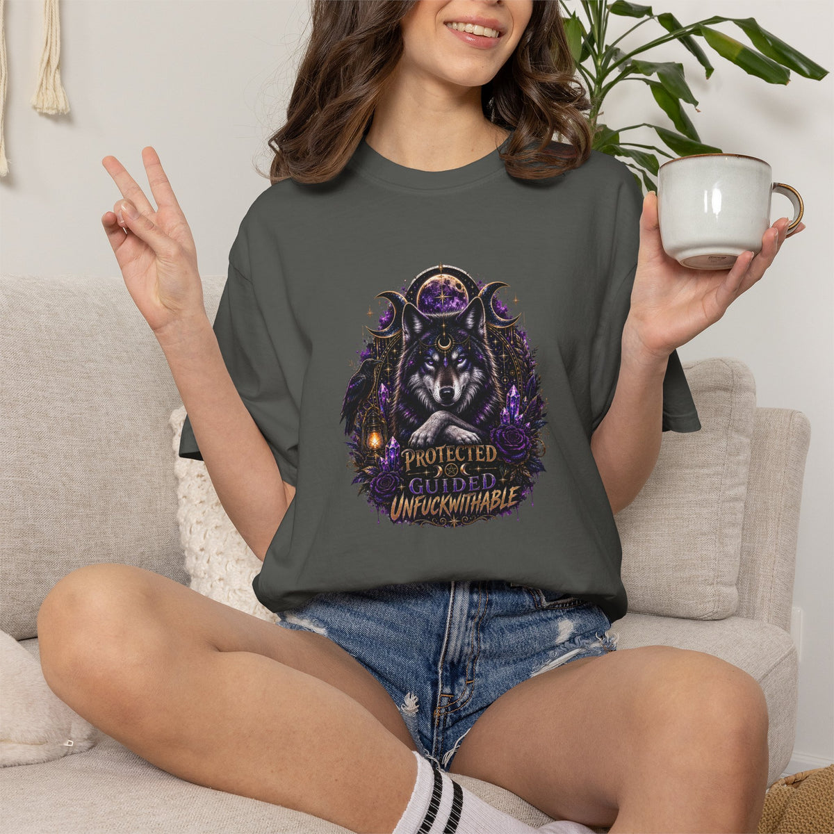 Protector Wolf T-Shirt — "Protected, Guided, Unfuckwithable" Spiritual Graphic Tee