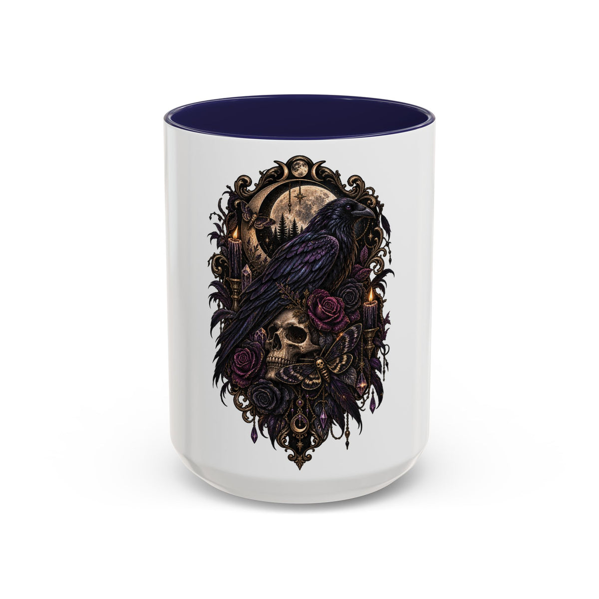 Gothic Raven & Skull Accent Coffee Mug — Dark Floral Occult Tea Cup