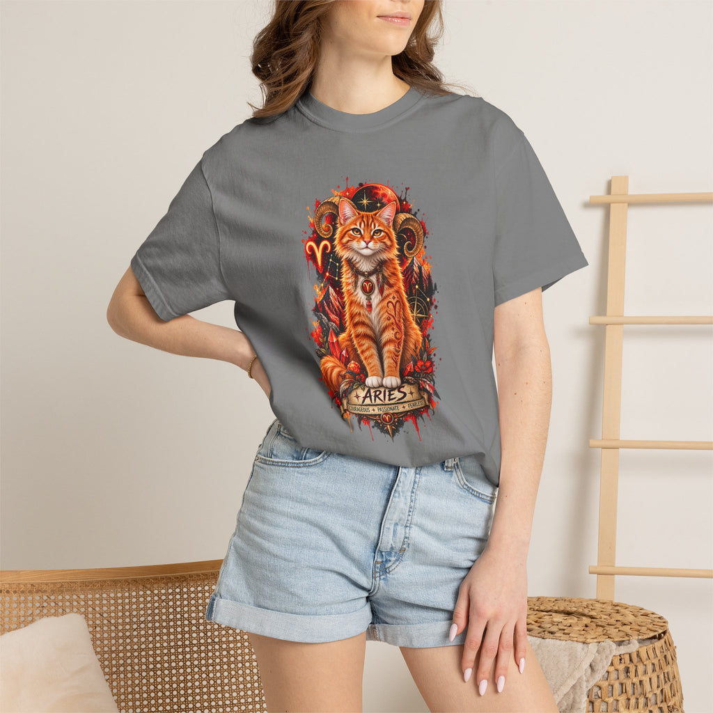 Aries Orange Tabby Cat Zodiac T-Shirt — Fiery Astrological Graphic Tee