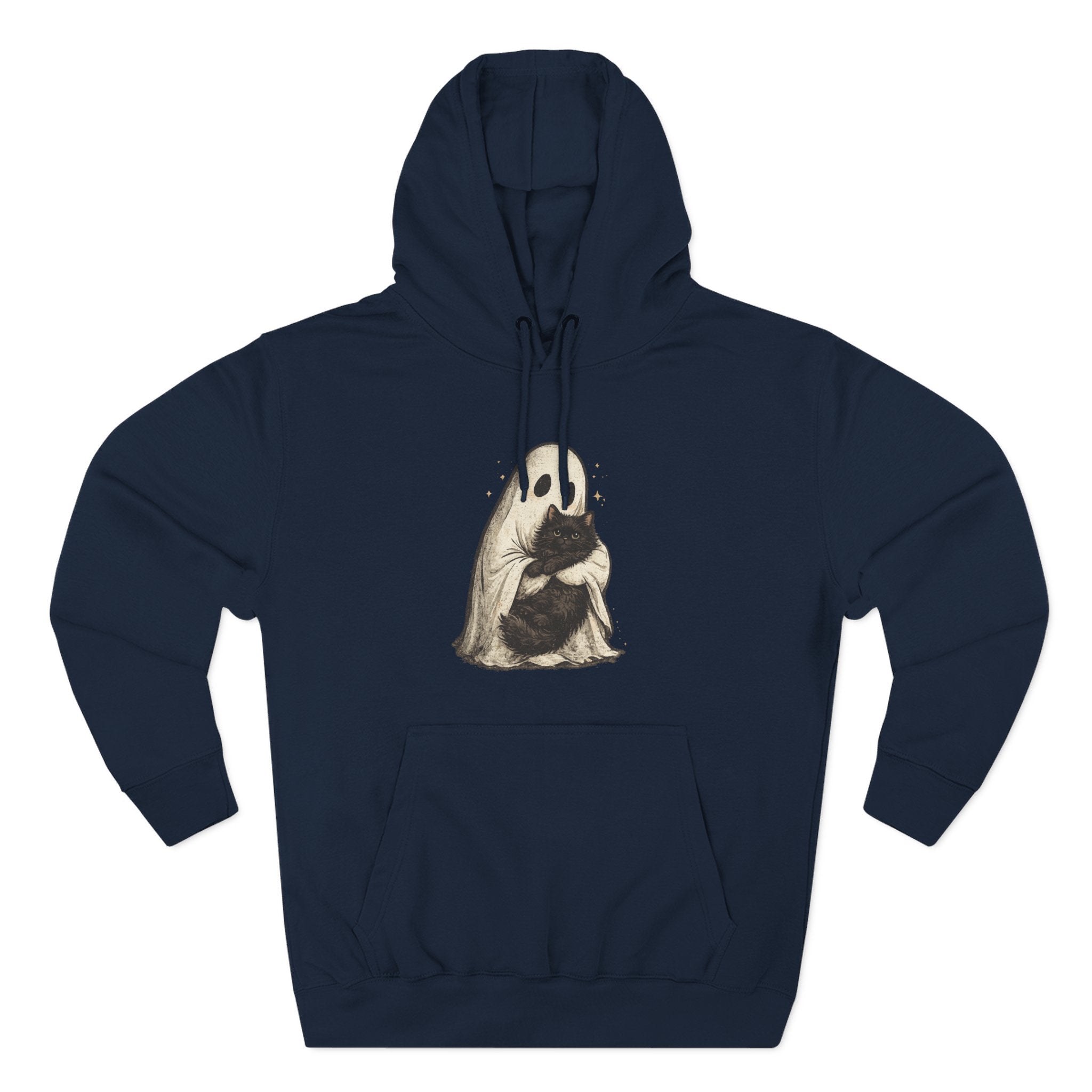 Ghost Hugging Black Cat Fleece Hoodie — Cute Ghost Hugging Black Cat Cozy Pullover