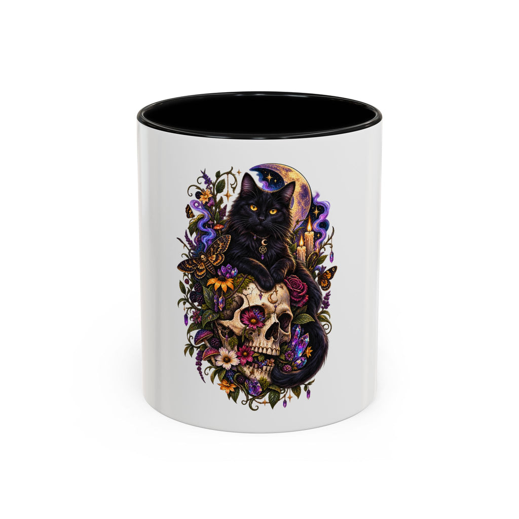 Black Cat & Skull Floral Accent Coffee Mug — Gothic Halloween Coffee Cup (11/15oz)