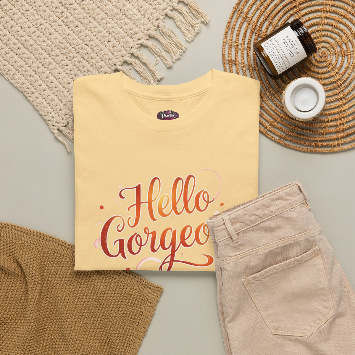 Hello Gorgeous Sunset T-Shirt — Feminine Script Graphic Tee