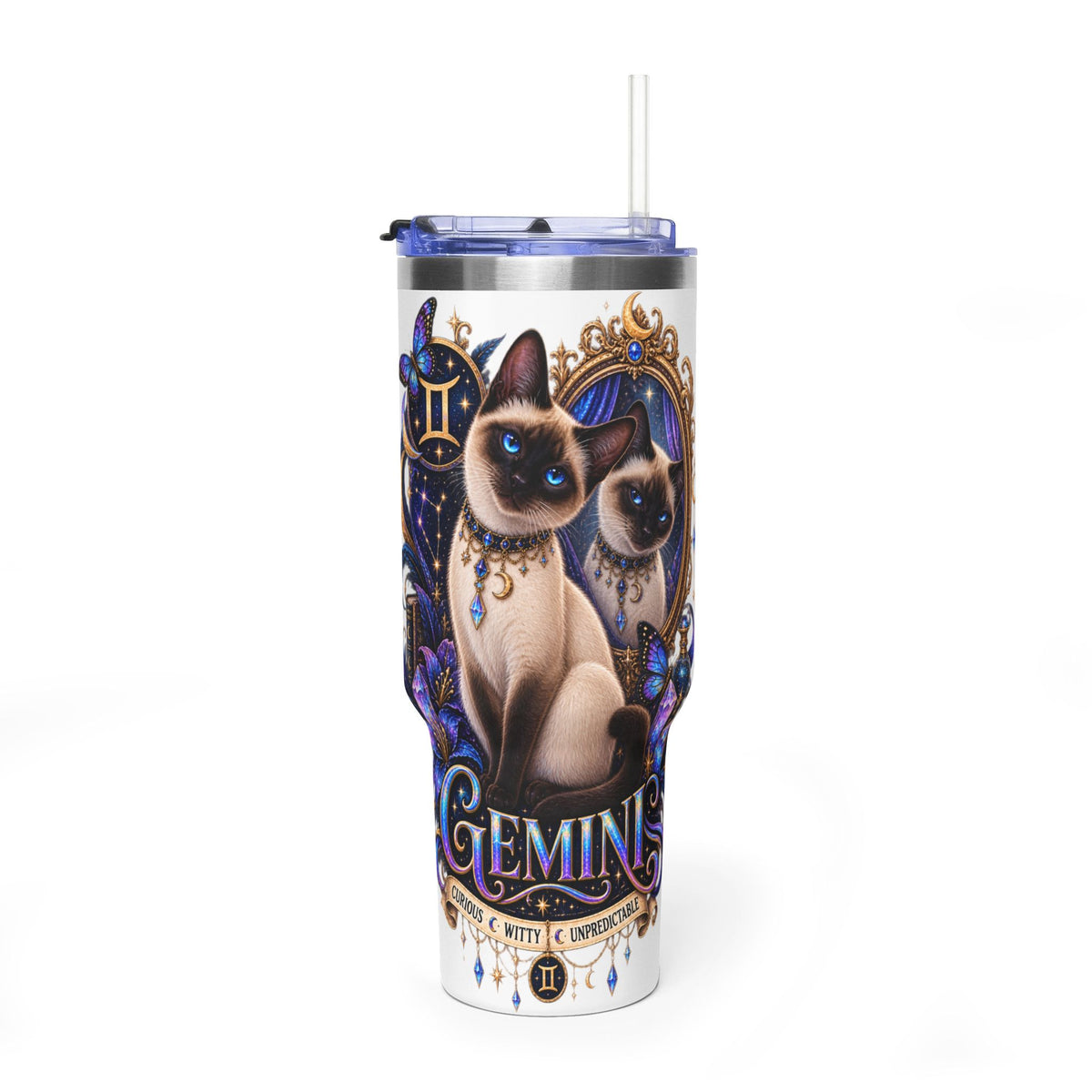 40oz Gemini Zodiac Tumbler — Siamese Cat Astrology Vacuum Thermal Cup