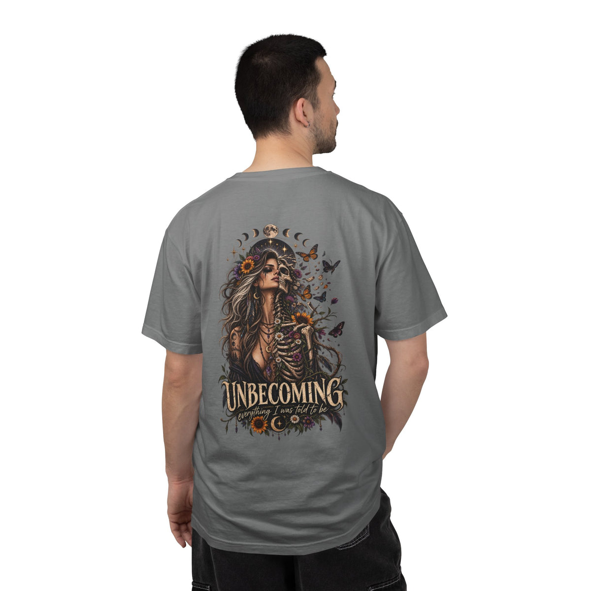 Unbecoming Gothic Moon T‑Shirt — Witchy Skeleton Art Tee