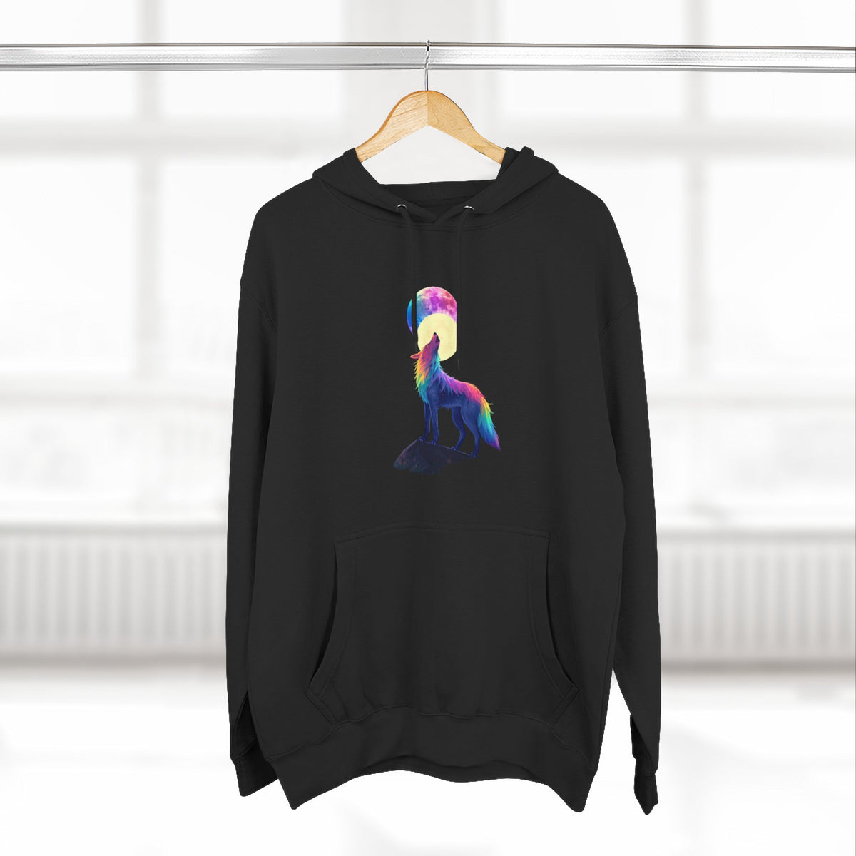 Rainbow Wolf Silhouette Hoodie | Colorful Moon Graphic