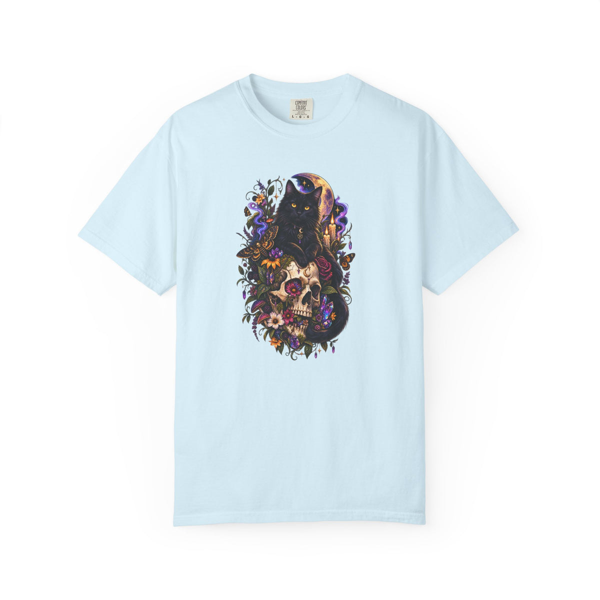 Skull & Black Cat Gothic T-Shirt — Dark Floral Day of the Dead Style