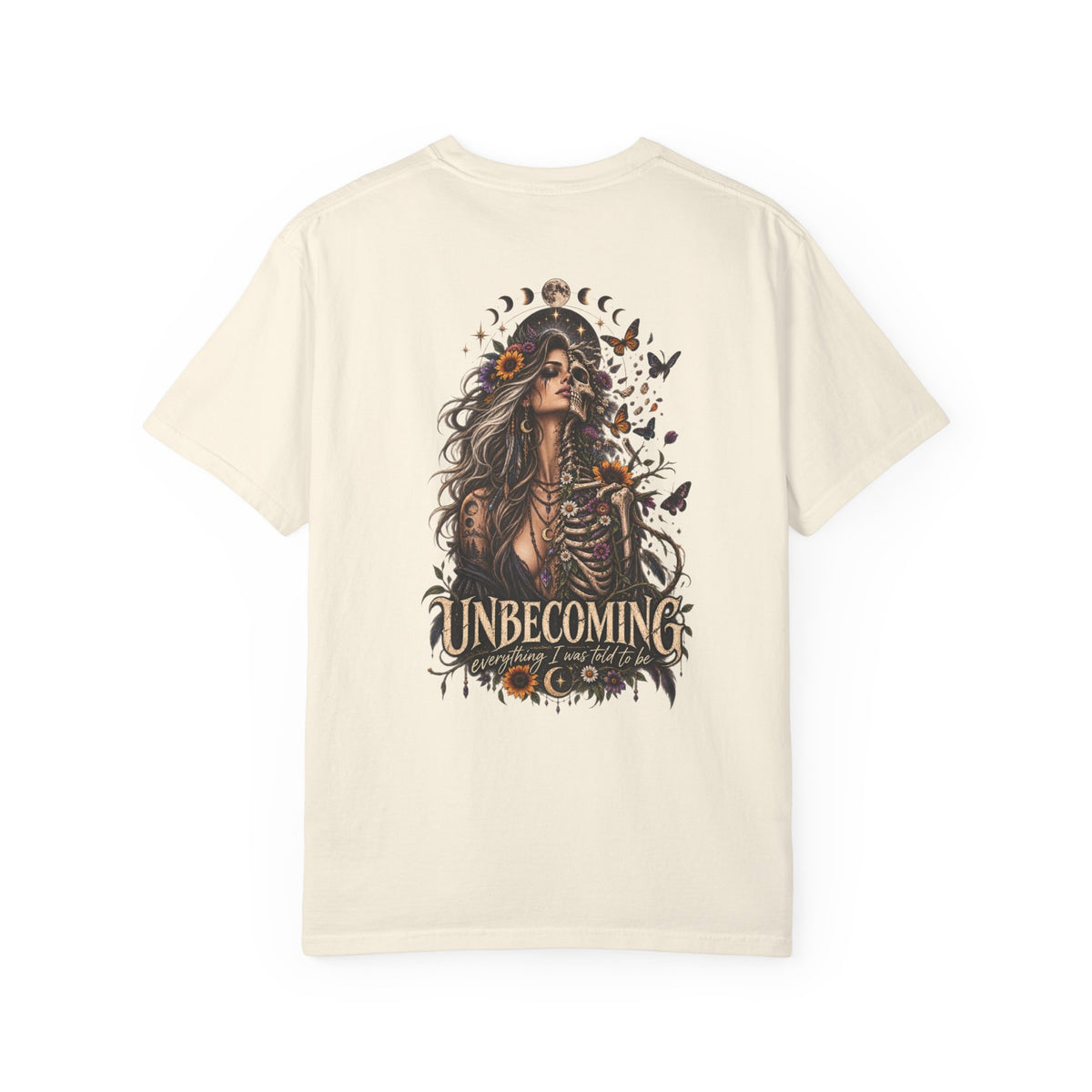 Unbecoming Gothic Moon T‑Shirt — Witchy Skeleton Art Tee