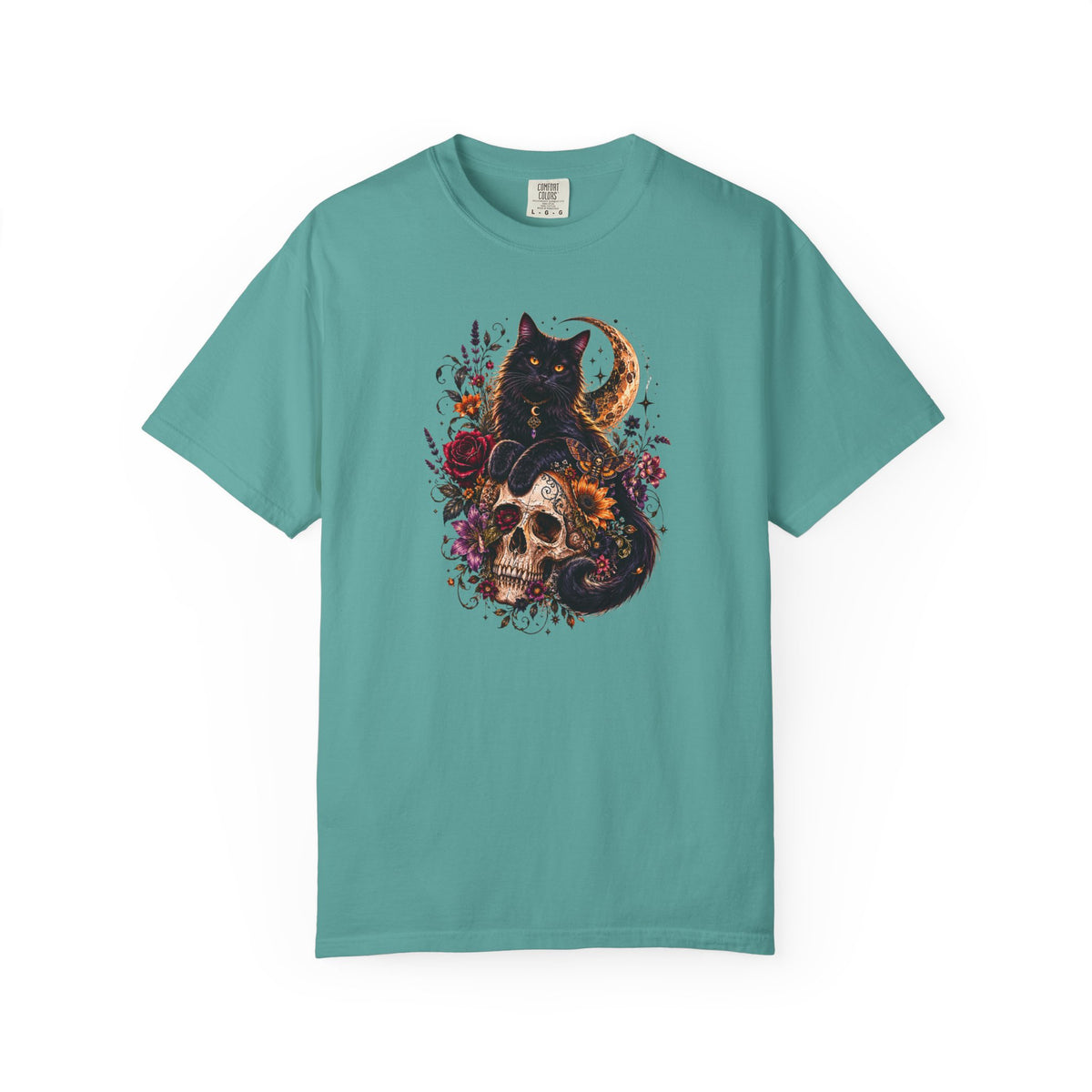 Cat & Skull Gothic T-Shirt — Black Cat Moon Floral Graphic Tee