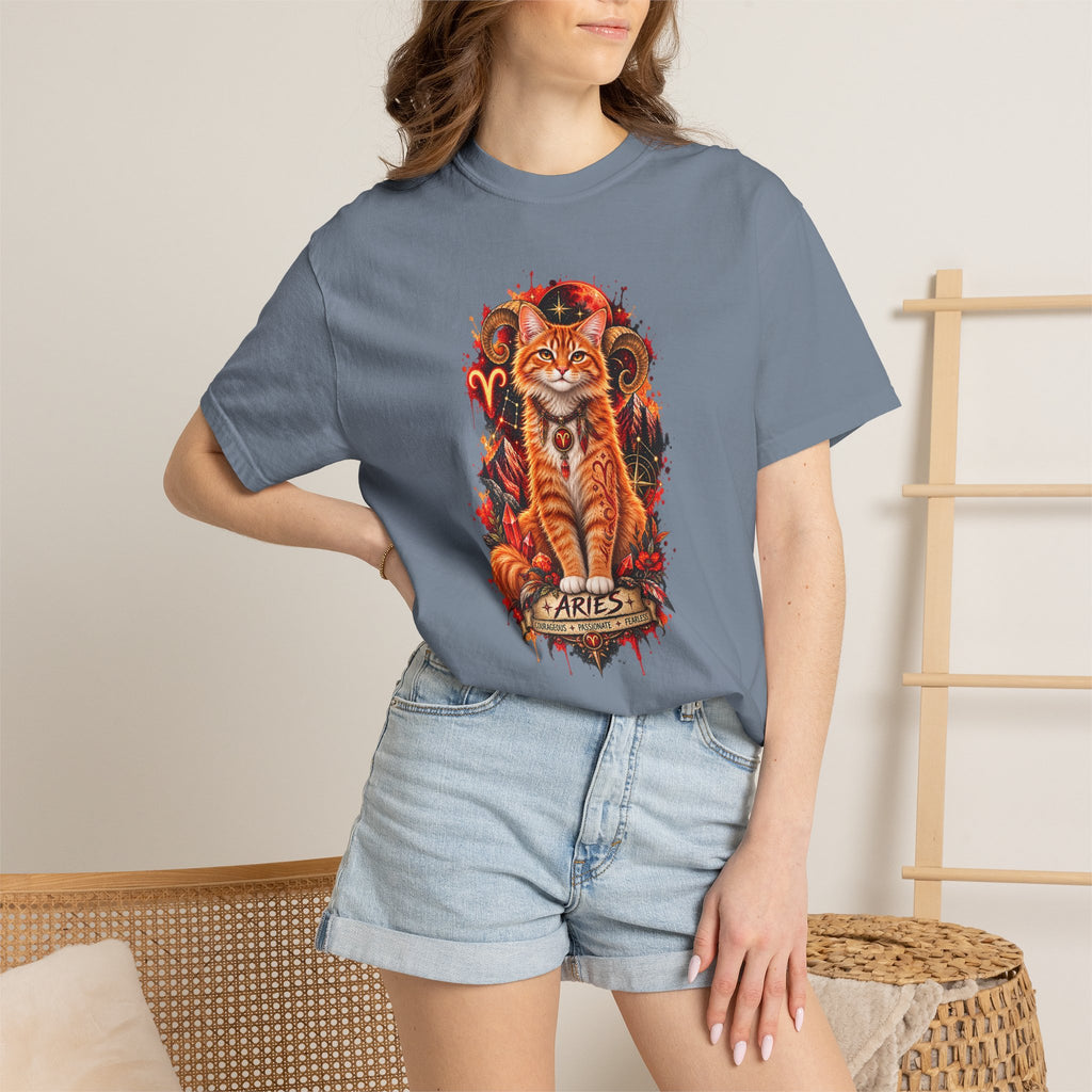 Aries Orange Tabby Cat Zodiac T-Shirt — Fiery Astrological Graphic Tee