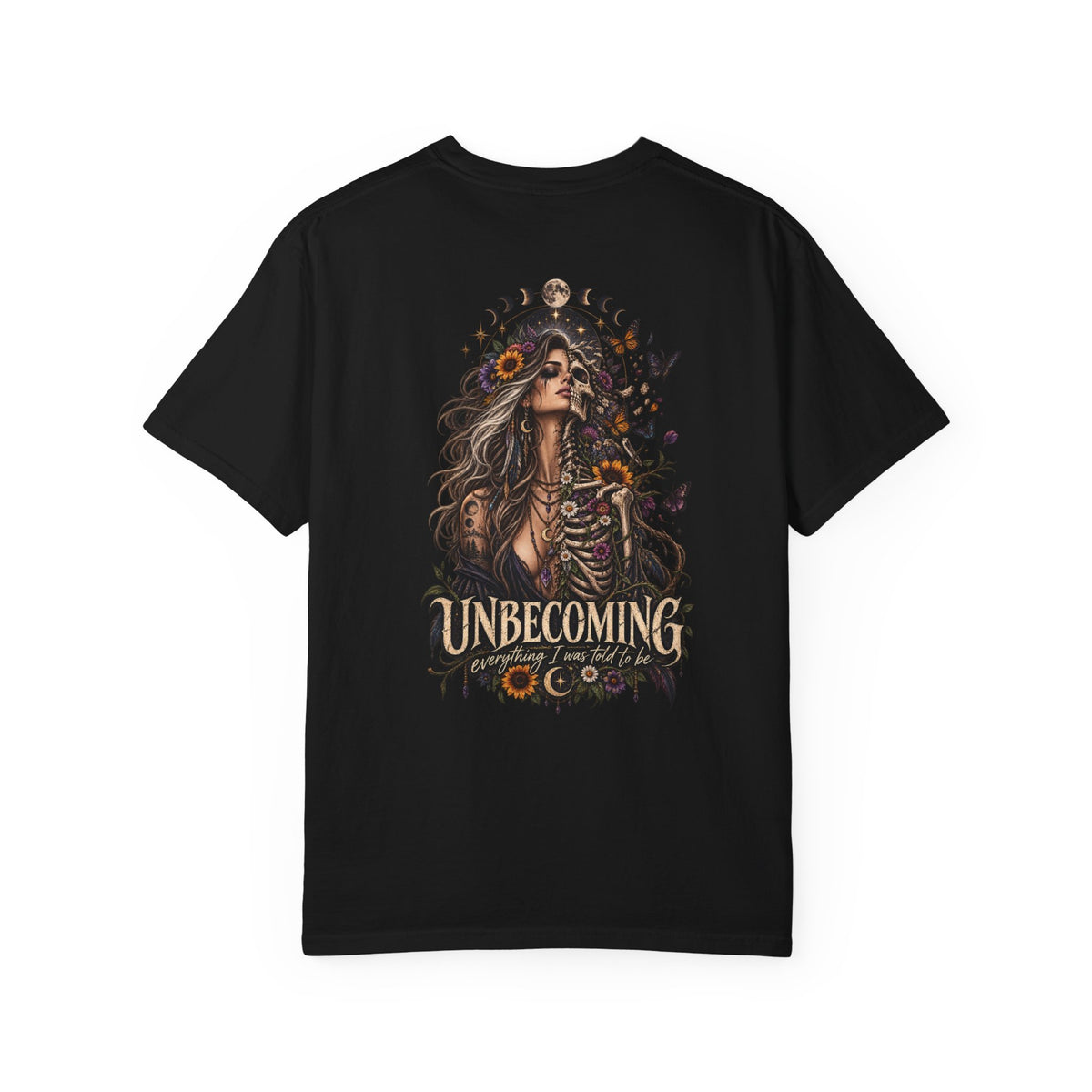 Unbecoming Gothic Moon T‑Shirt — Witchy Skeleton Art Tee
