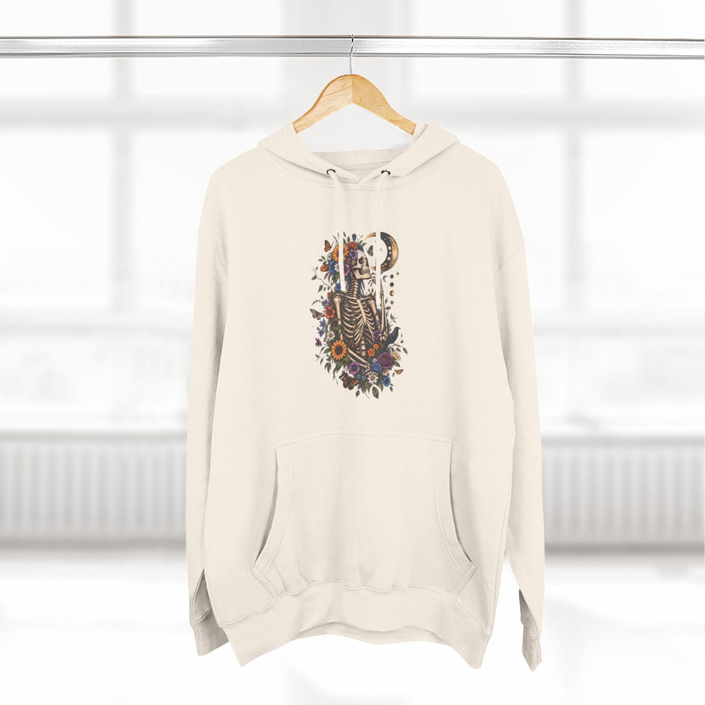 Skeleton Moon Floral Hoodie – Gothic Botanical Graphic Pullover
