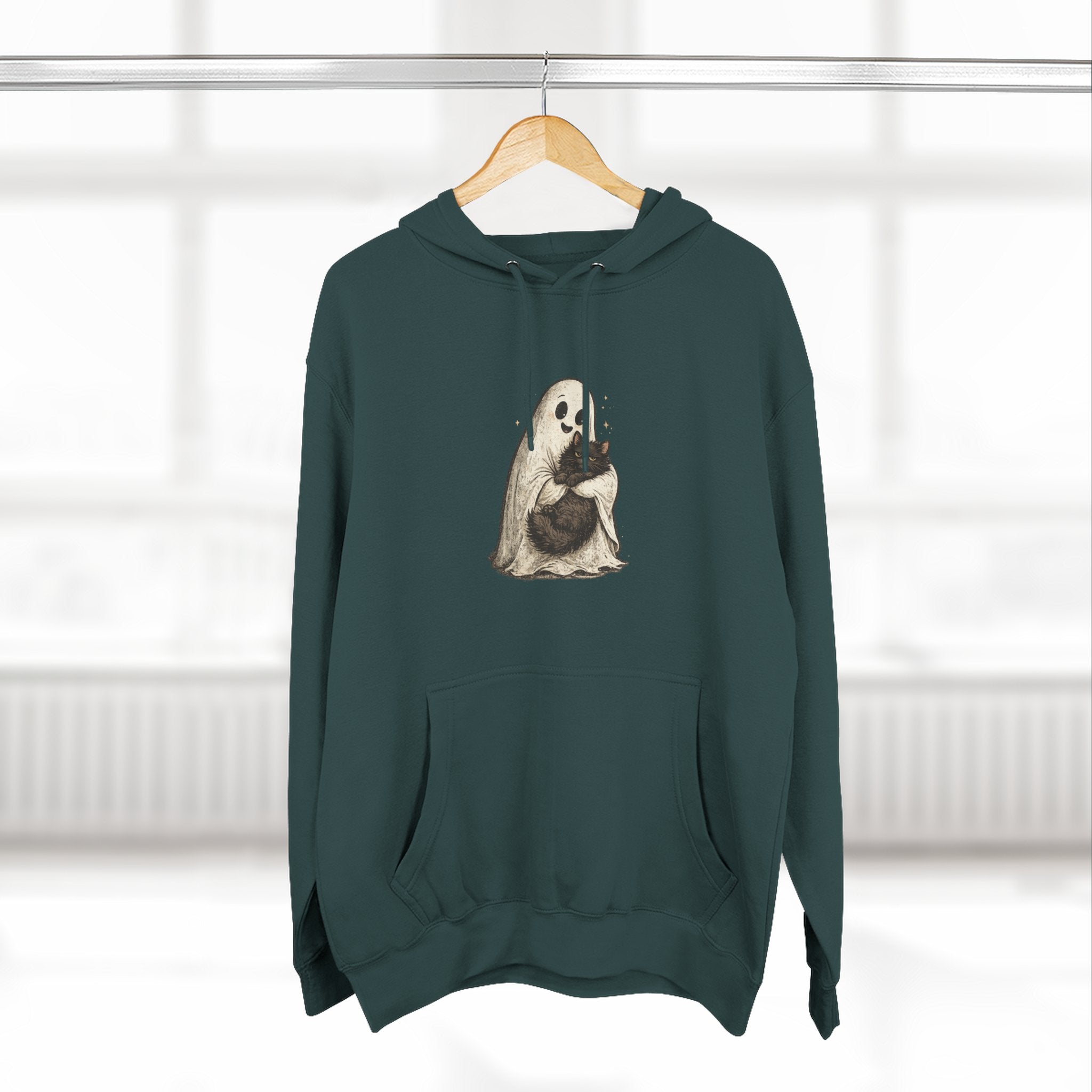 Boo & Meow Ghost Hugging Black Cat hoodie | Cute Spooky Tee Fleece Pullover