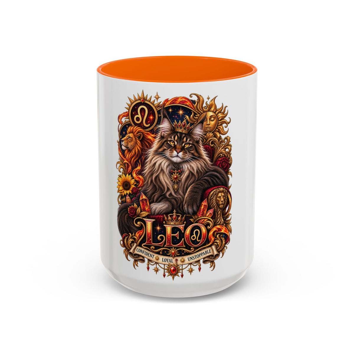 Leo Zodiac Cat Coffee Mug – Maine Coon Astrological Birthday Gift (11/15oz)