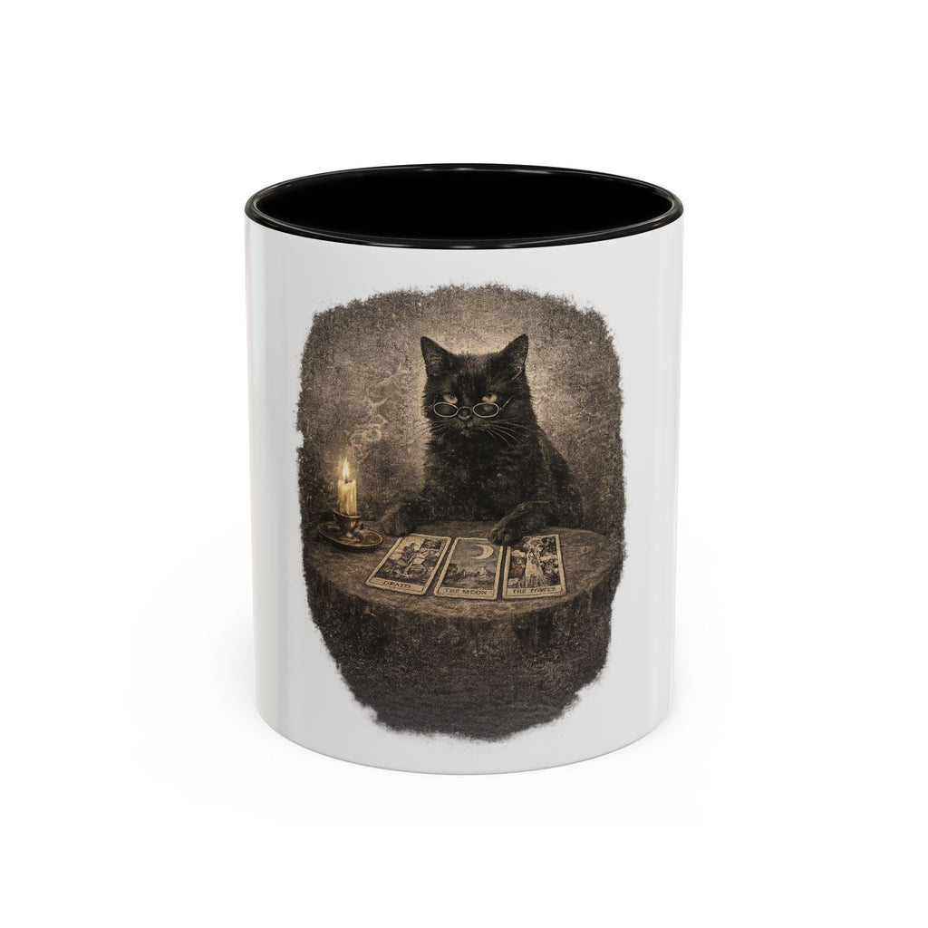 Tarot Cat Accent Coffee Mug — Witchy Black Cat with Tarot Cards