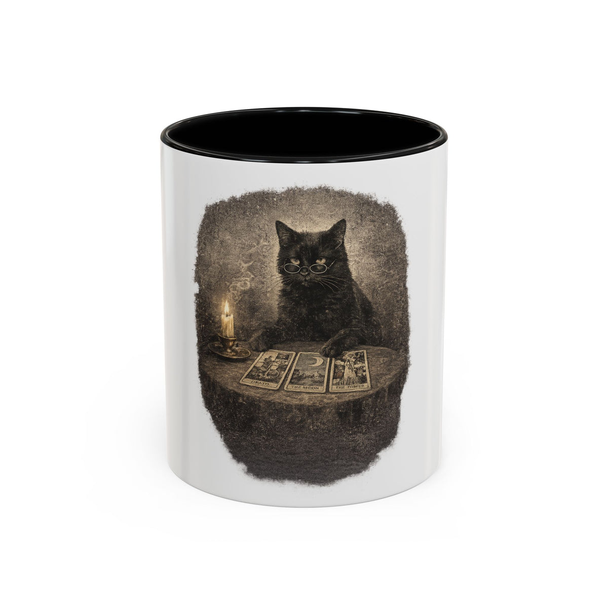 Tarot Cat Accent Coffee Mug — Witchy Black Cat with Tarot Cards
