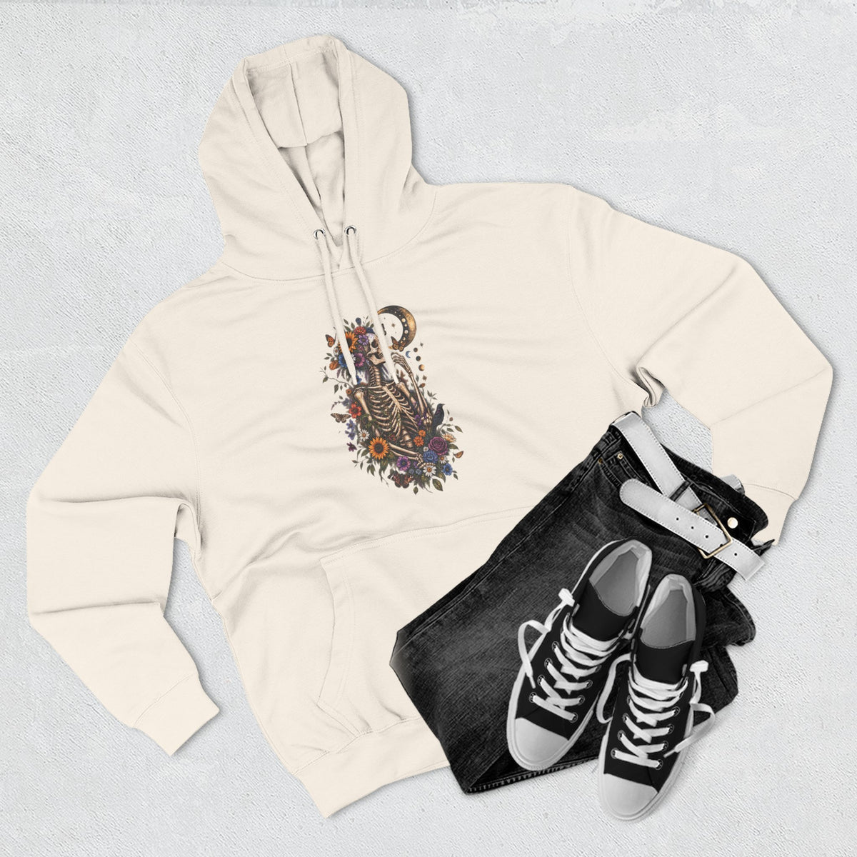Skeleton Moon Floral Hoodie – Gothic Botanical Graphic Pullover