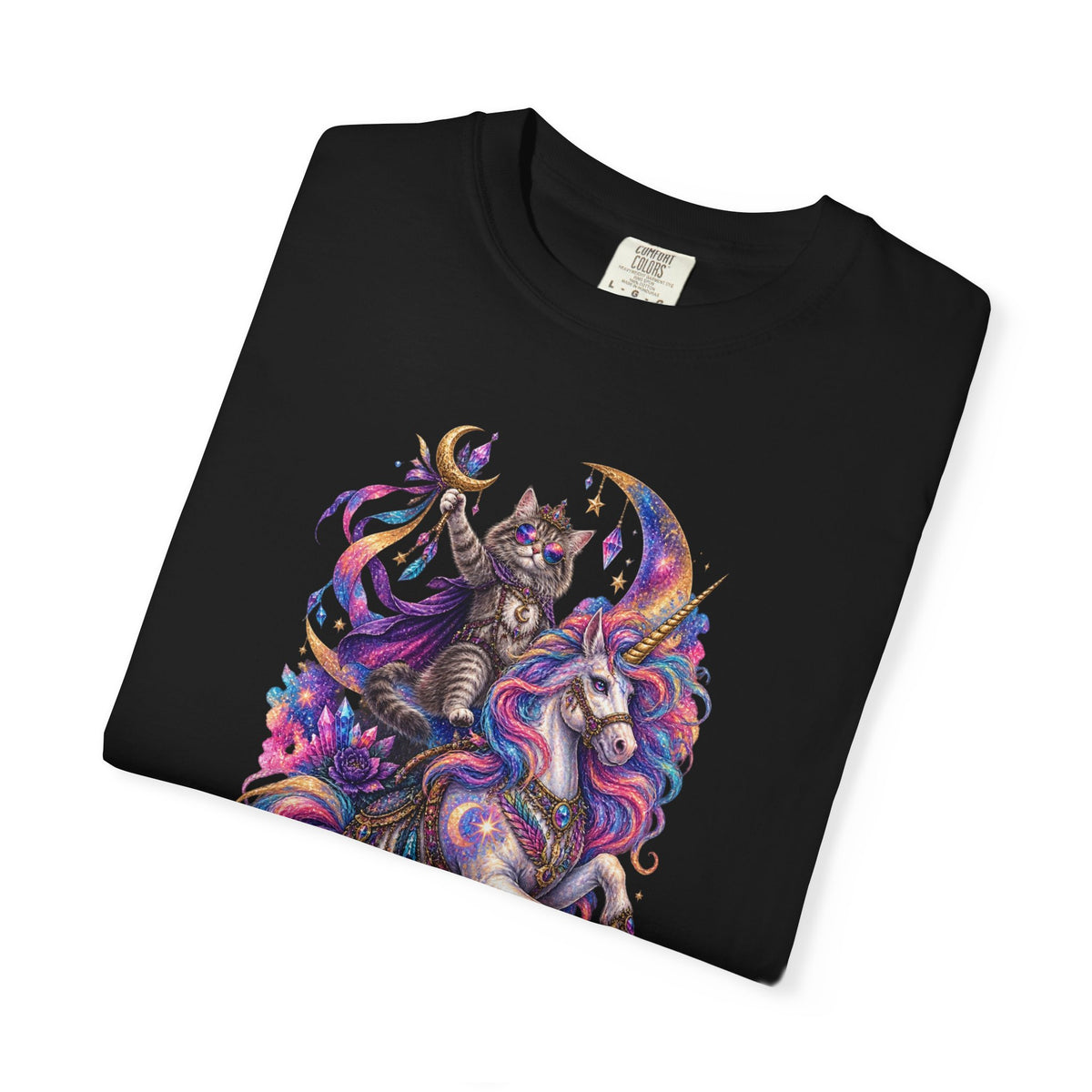 Cat Riding a Mystical Unicorn Horse Graphic T-Shirt — Colorful Cosmic Mane Art Tee
