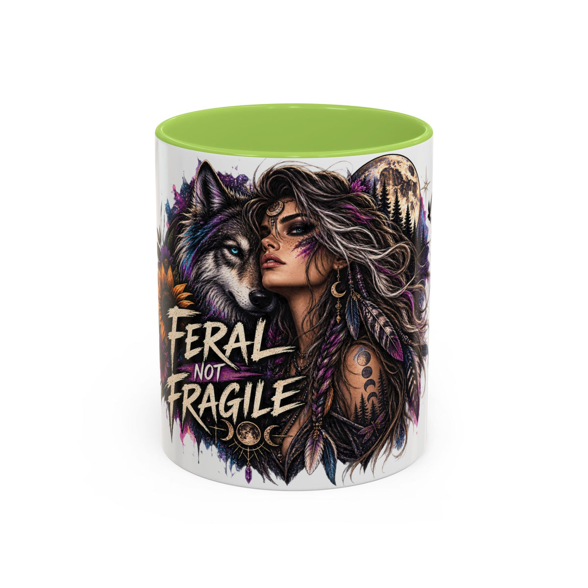 Feral Not Fragile Accent Coffee Mug — Wolf Goddess 11oz/15oz