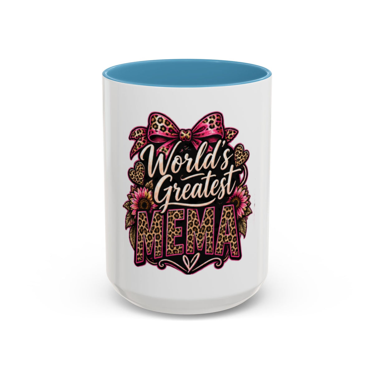 World's Greatest Mema Accent Coffee Mug – Leopard Pink Bow Gift for Grandma (11/15 oz)
