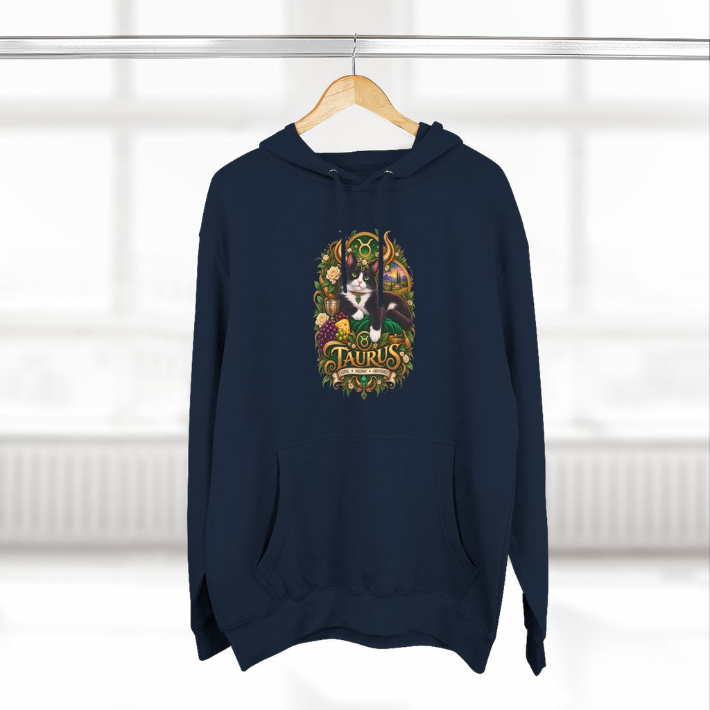 Taurus Tuxedo Cat Zodiac Hoodie — Earthy Bull Constellation Graphic Fleece Pullover
