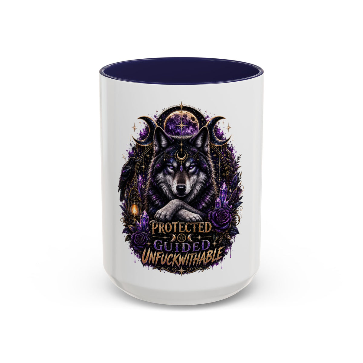 Protected, Guided & Unfuckwithable Wolf Coffee Mug — Spiritual Mystic Accent Mug (11/15oz)