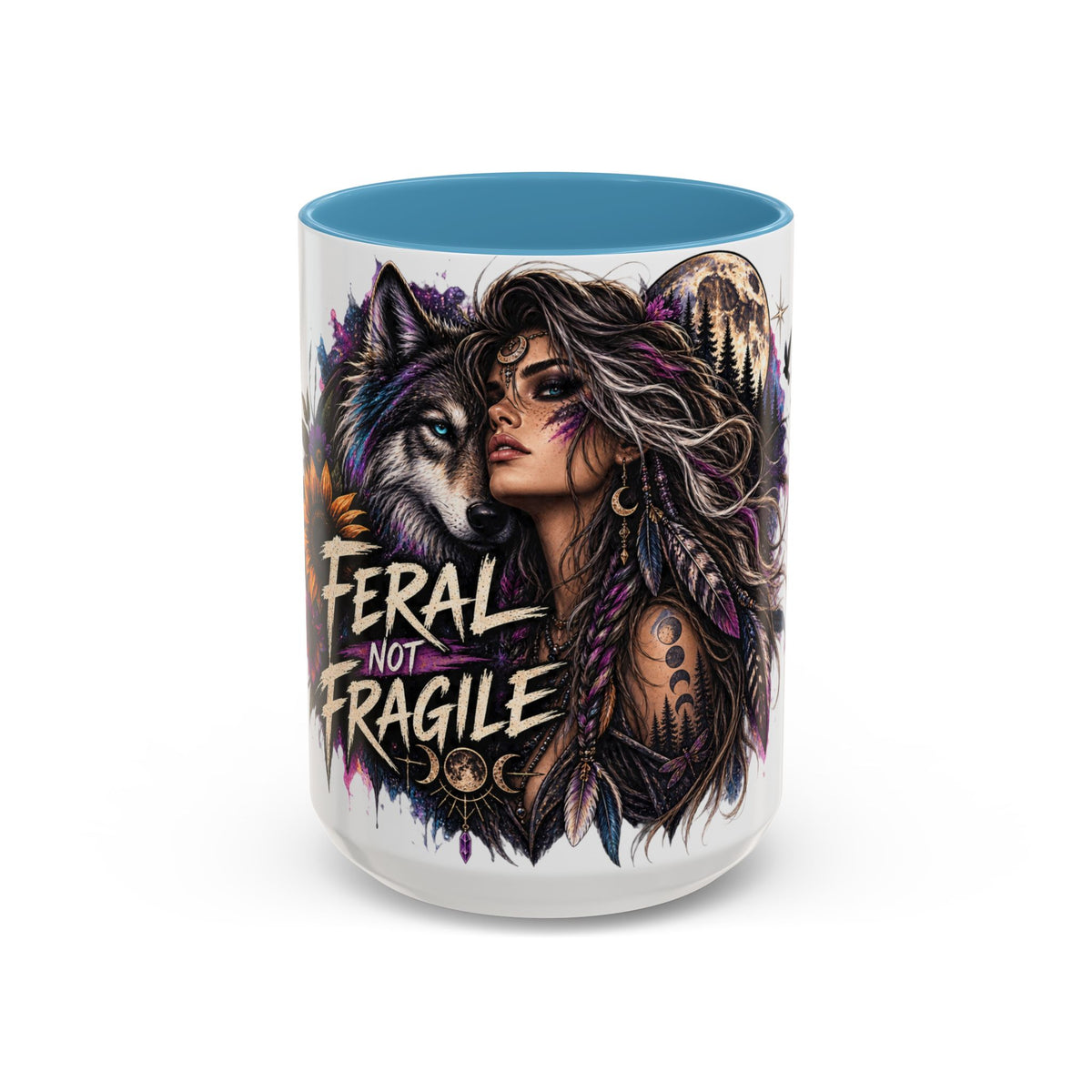 Feral Not Fragile Accent Coffee Mug — Wolf Goddess 11oz/15oz