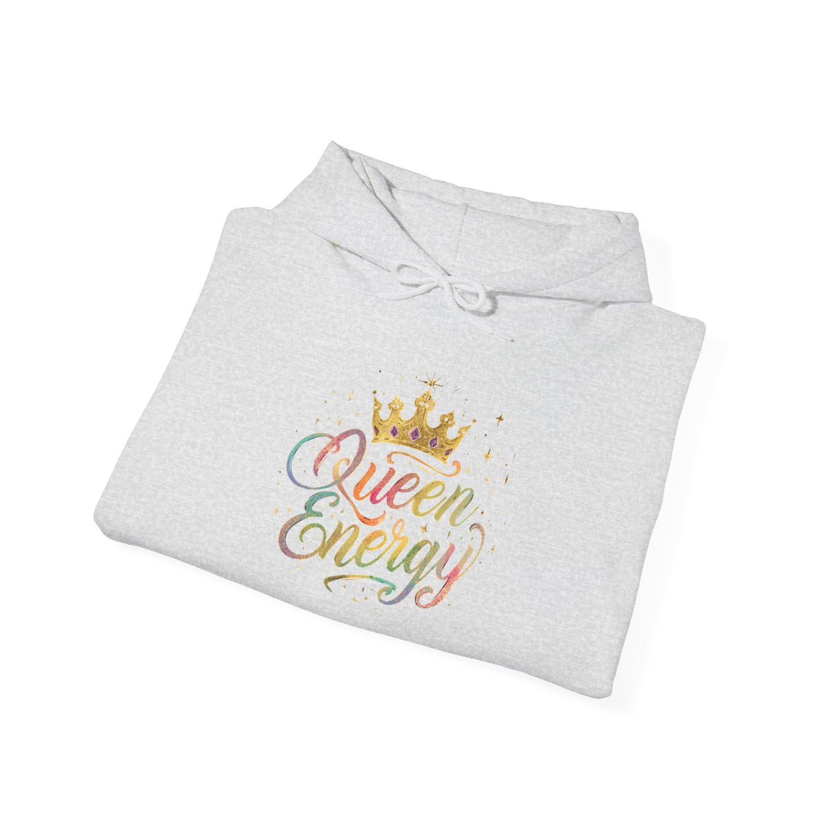 Queen Energy Hoodie — Feminine Crown Graphic Pullover with Star Sleeve Accents