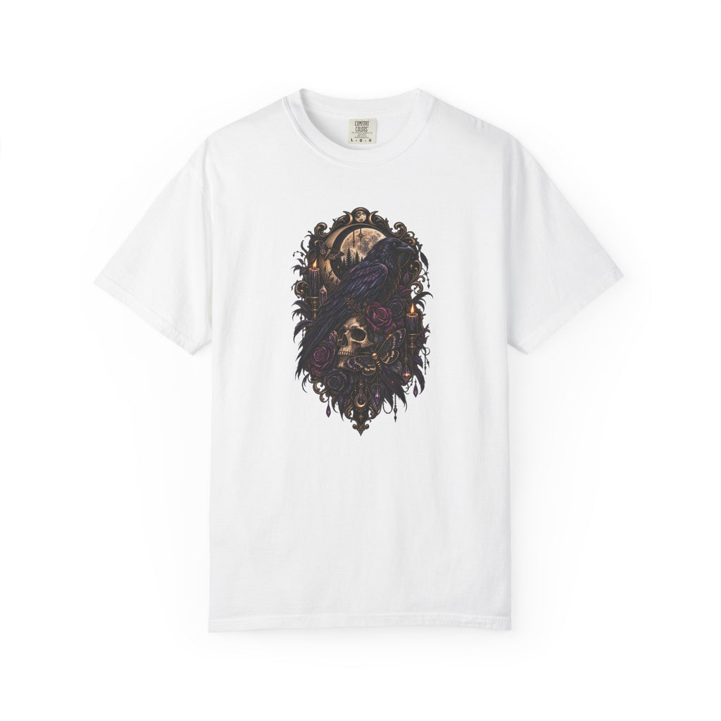 Skull & Crow Graphic Tee — Gothic Vintage Skull with Raven Design