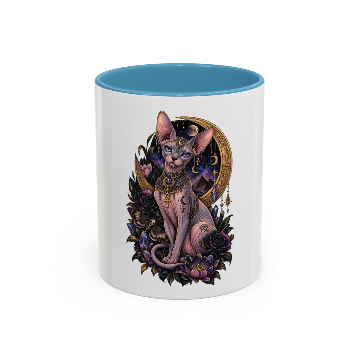Mystic Sphynx Cat Coffee Mug — Magical Moon & Floral Accent (11/15 oz)