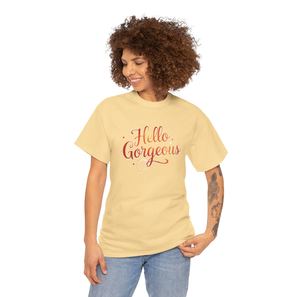 Hello Gorgeous Sunset T-Shirt — Feminine Script Graphic Tee