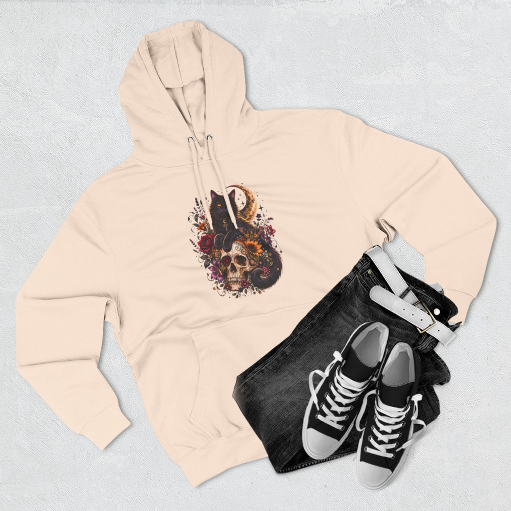 Skull & Cat Hoodie — Romantic Gothic Celestial Moon Graphic Fleece Pullover
