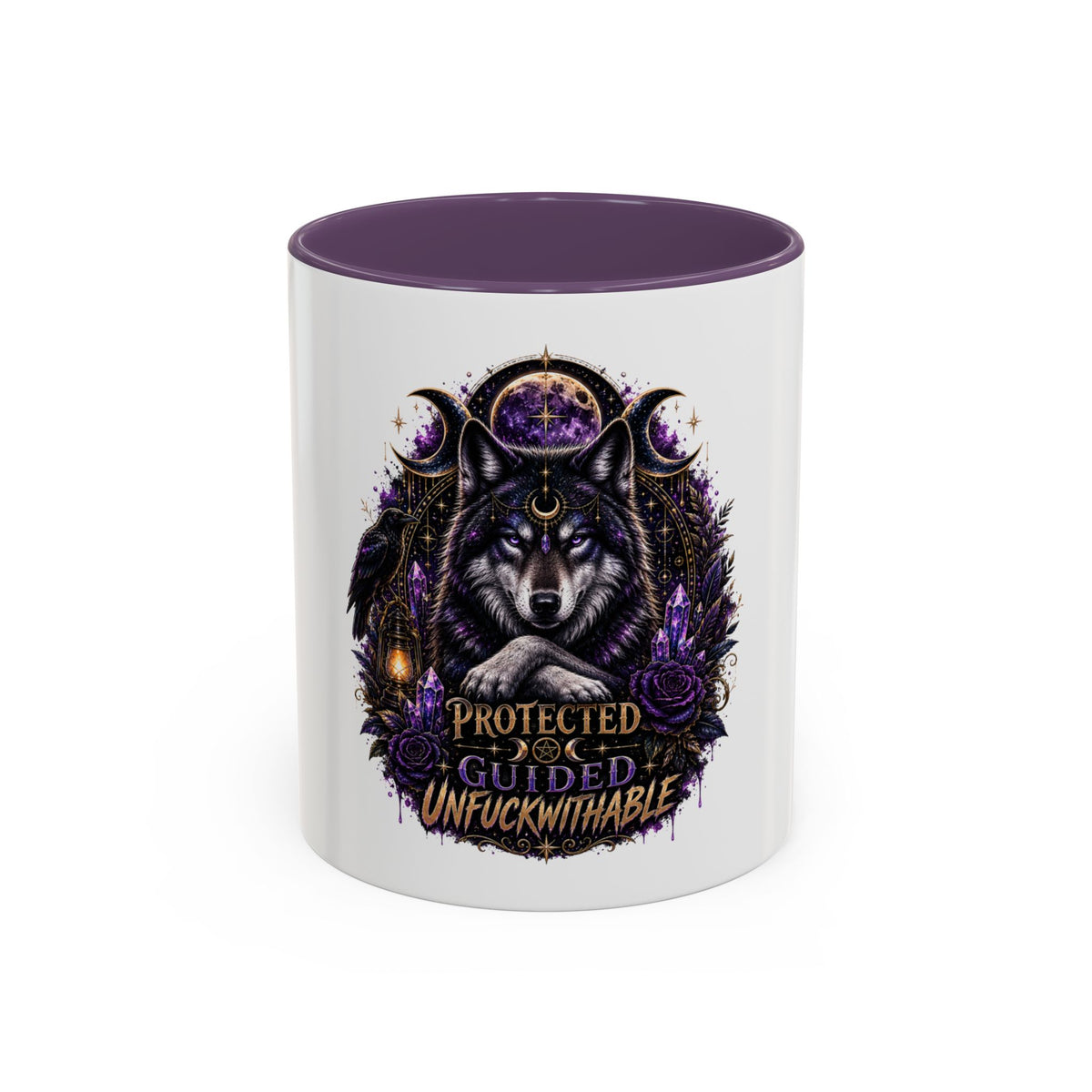 Protected, Guided & Unfuckwithable Wolf Coffee Mug — Spiritual Mystic Accent Mug (11/15oz)