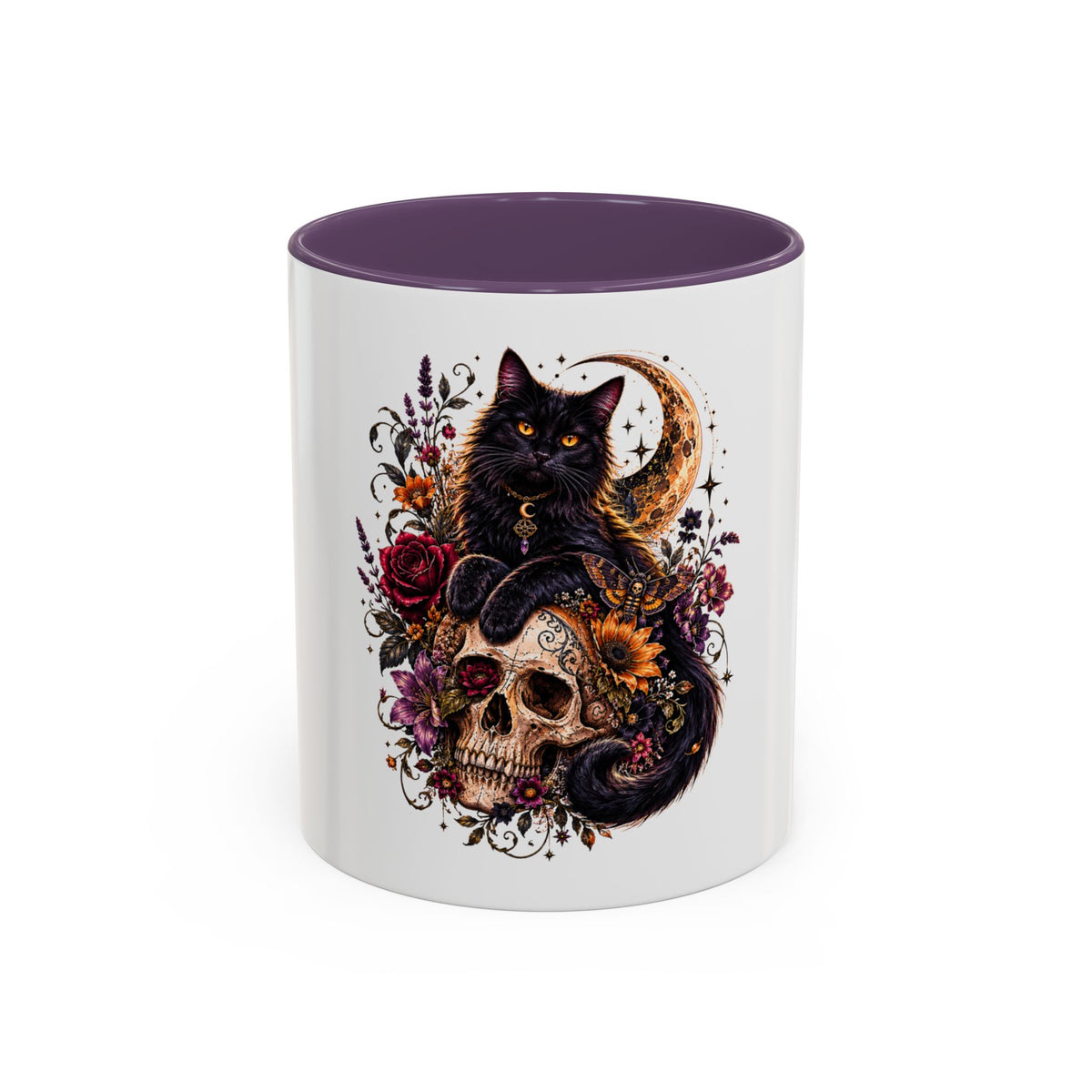 Cat & Skull Accent Coffee Mug — Gothic Black Cat Art Coffee Cup (11/15oz)