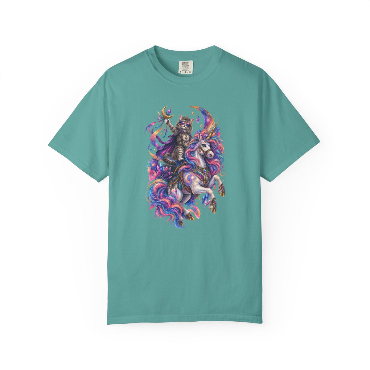 Cat Riding a Mystical Unicorn Horse Graphic T-Shirt — Colorful Cosmic Mane Art Tee