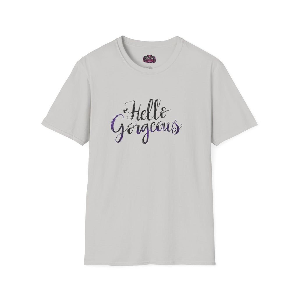T-Shirt — "Hello Gorgeous" Purple Black Script Graphic Tee