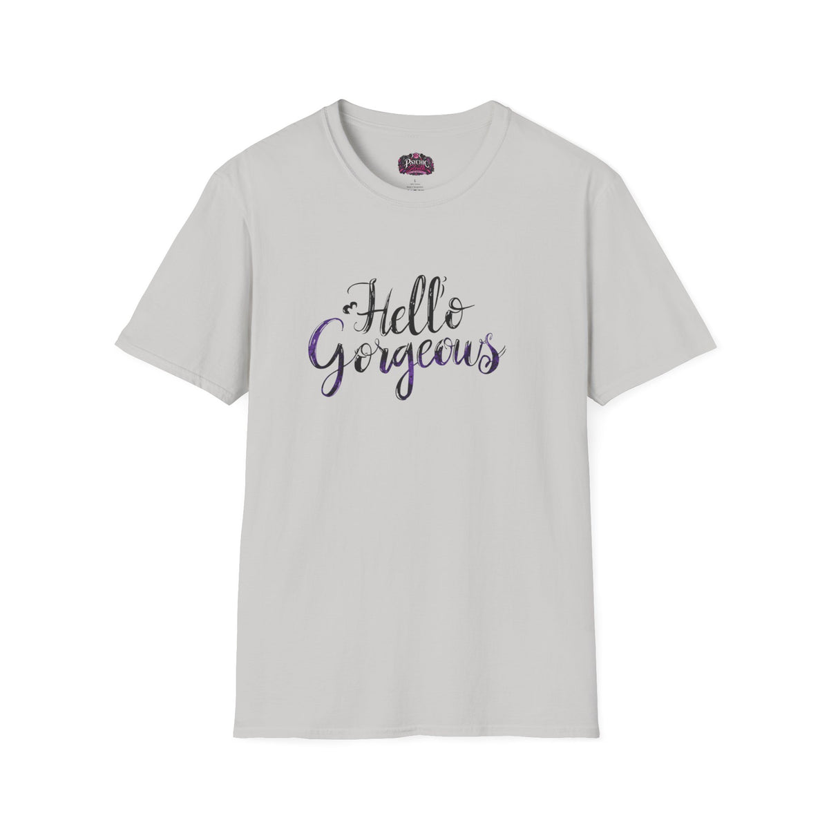 T-Shirt — "Hello Gorgeous" Purple Black Script Graphic Tee