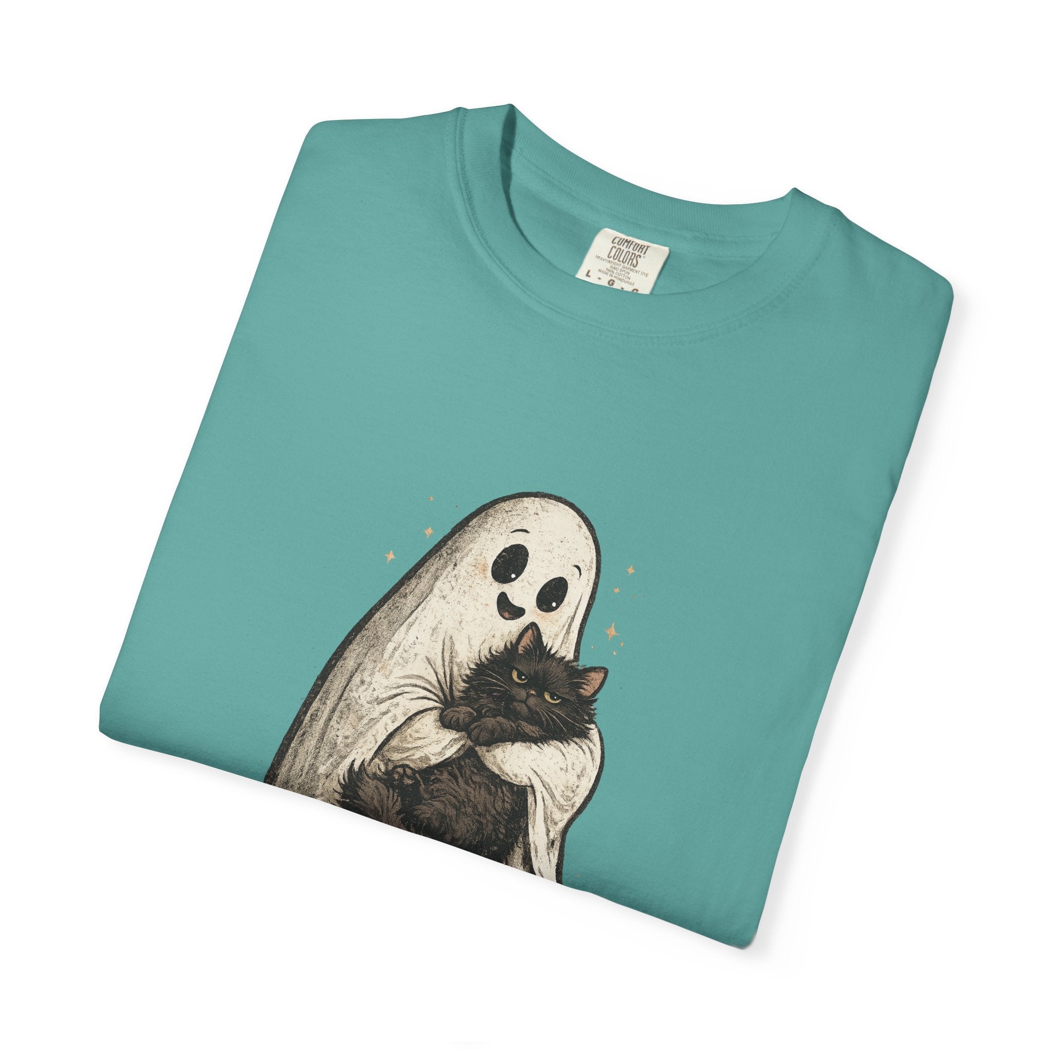 Boo & Meow Ghost Hugging Black Cat T-Shirt | Cute Spooky Tee