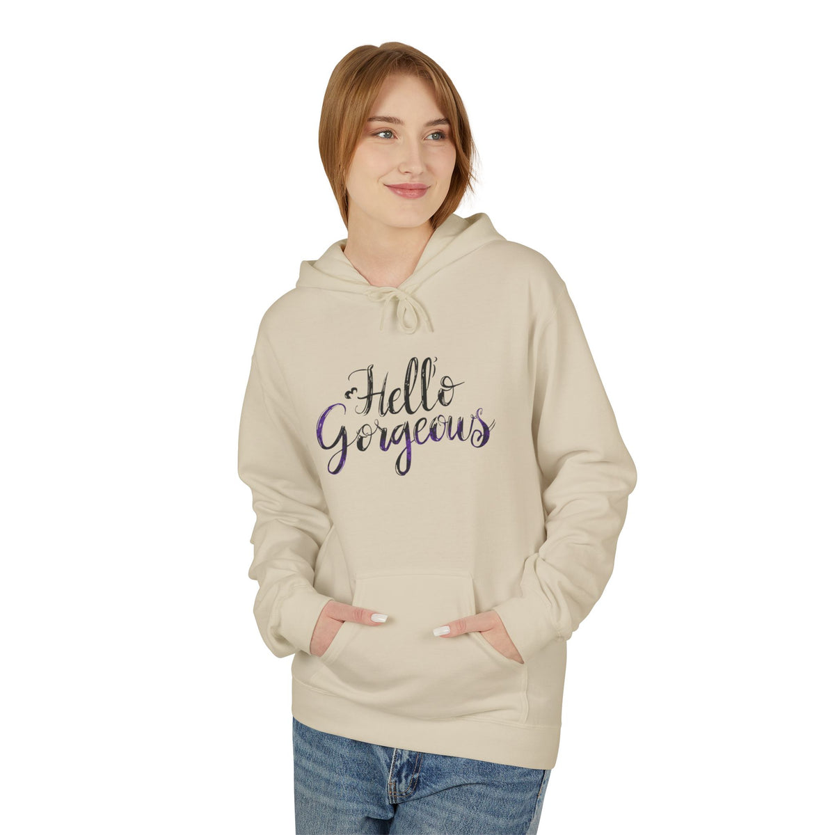 Hello Gorgeous Hoodie — Feminine Script Pullover for Women, Cute Gift for Friends & Self-Care