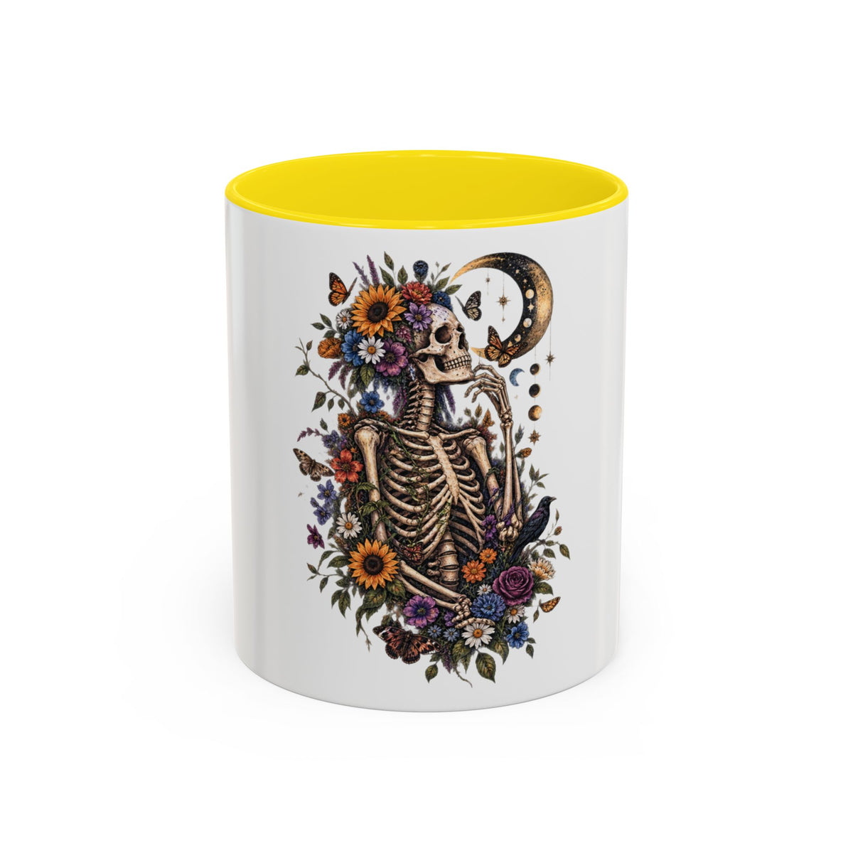 Skull & Moon Floral Coffee Mug — Gothic Botanical Accent Mug