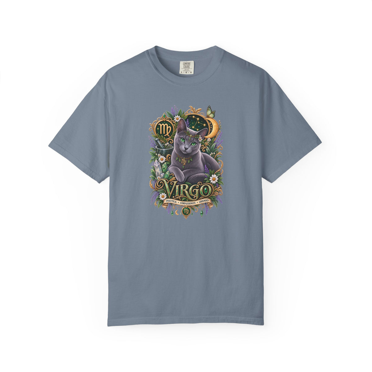 Virgo Cat Zodiac T-Shirt — Virgo Astrology Tee with Russian Blue & Floral Design