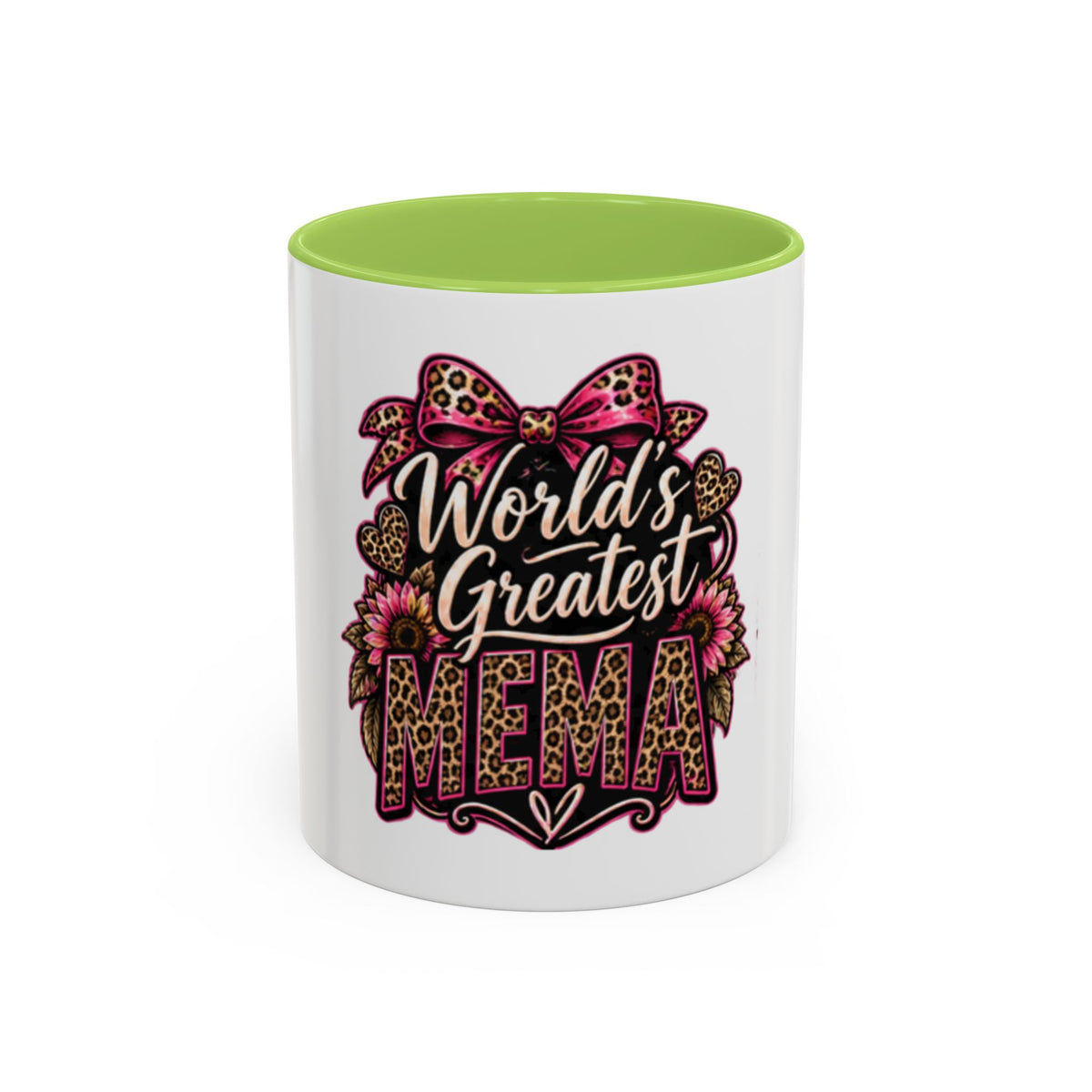World's Greatest Mema Accent Coffee Mug – Leopard Pink Bow Gift for Grandma (11/15 oz)