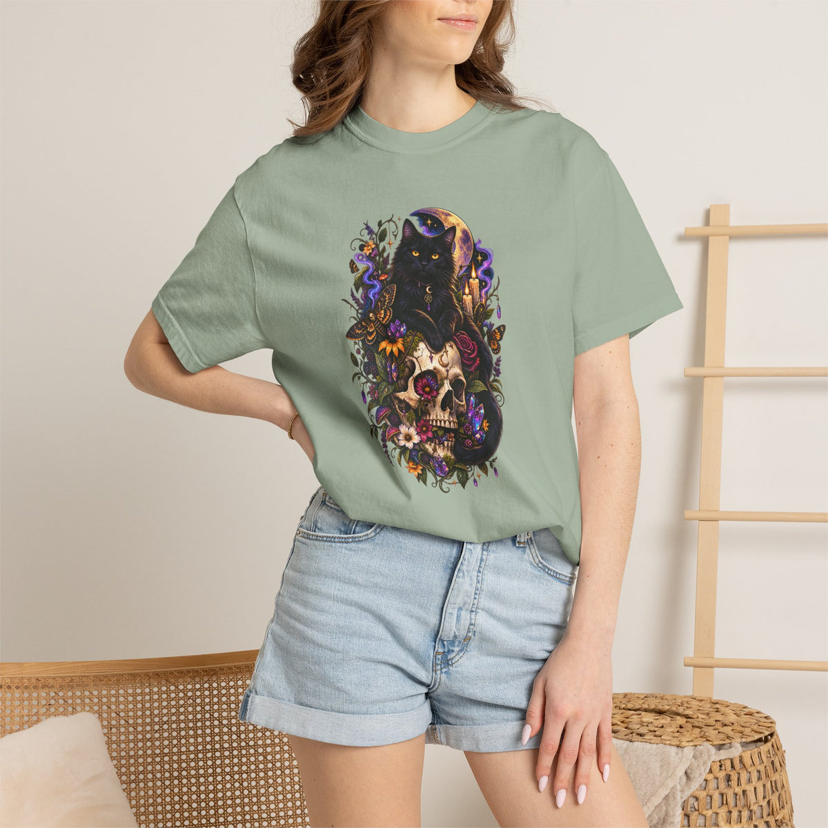 Skull & Black Cat Gothic T-Shirt — Dark Floral Day of the Dead Style