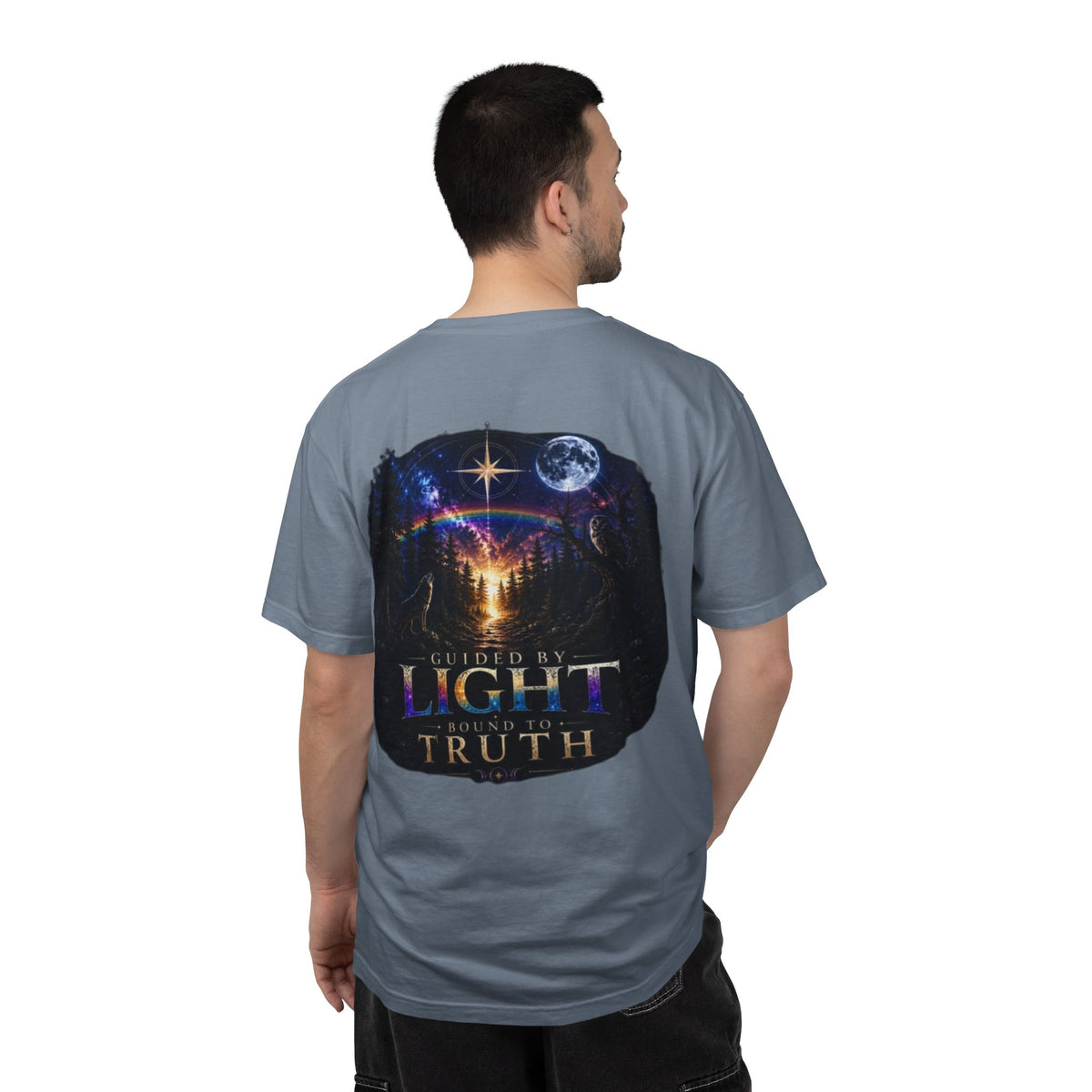 T-Shirt — "Guided by Light, Bound to Truth" Cosmic Forest Graphic
