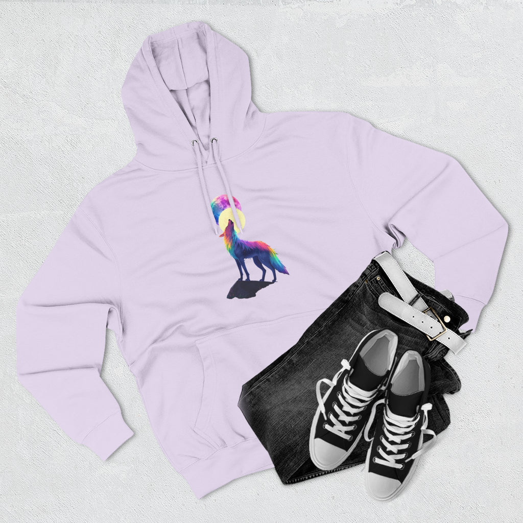 Rainbow Wolf Silhouette Hoodie | Colorful Moon Graphic