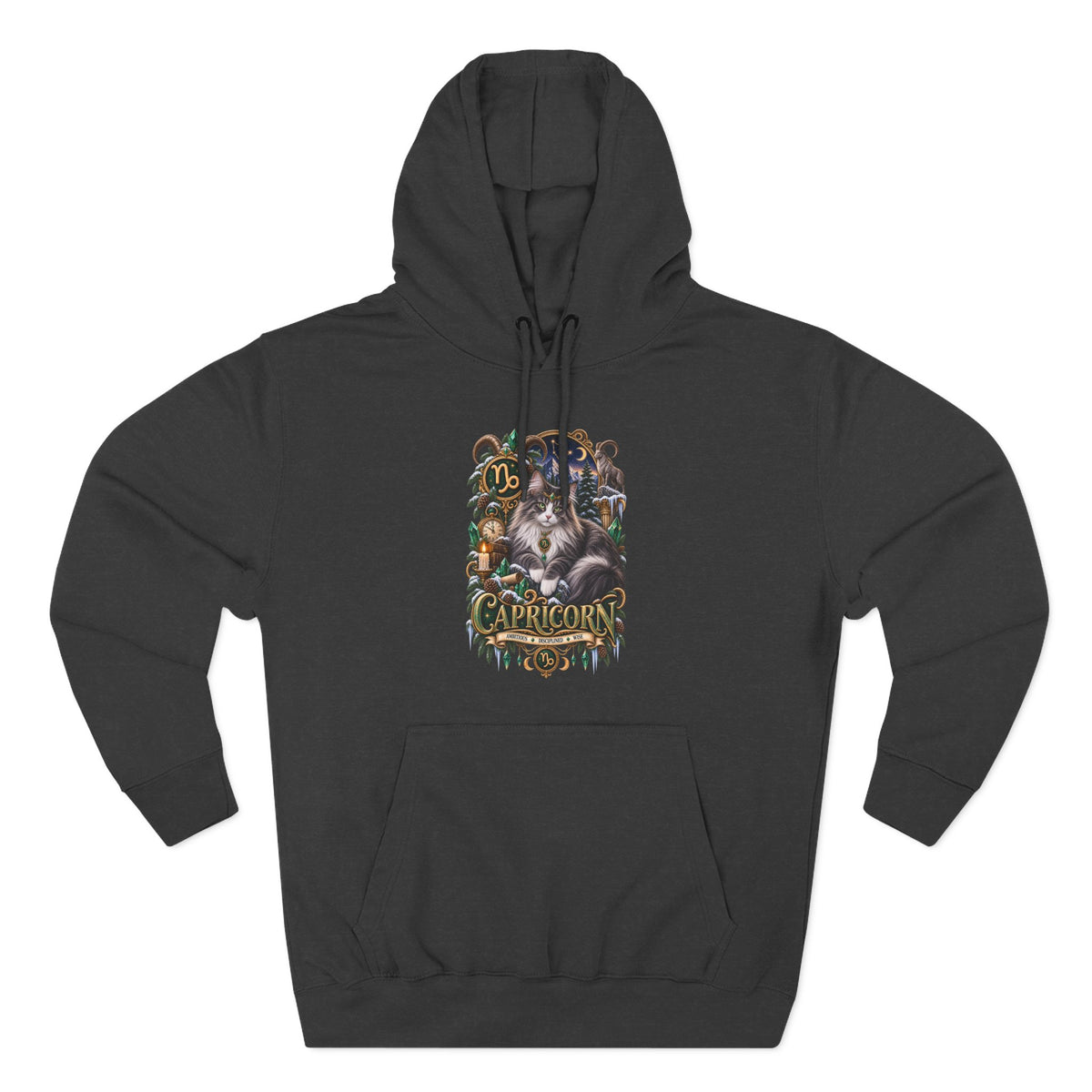 Capricorn Norwegian Forest Cat Zodiac Graphic Hoodie — Mystic Goat Astrology Sweatshirt