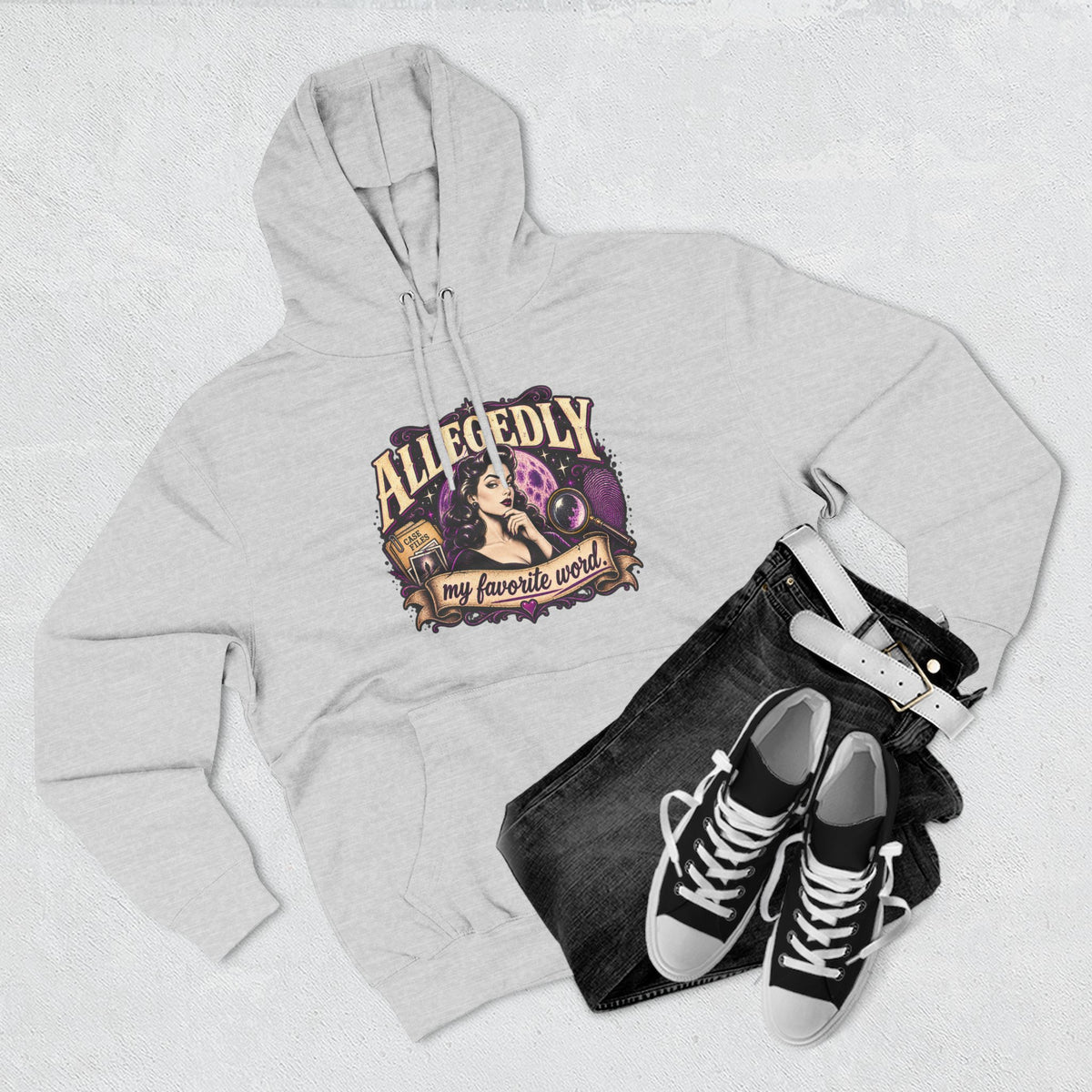 Hoodie — "Allegedly My Favorite Word" Retro Witch Graphic