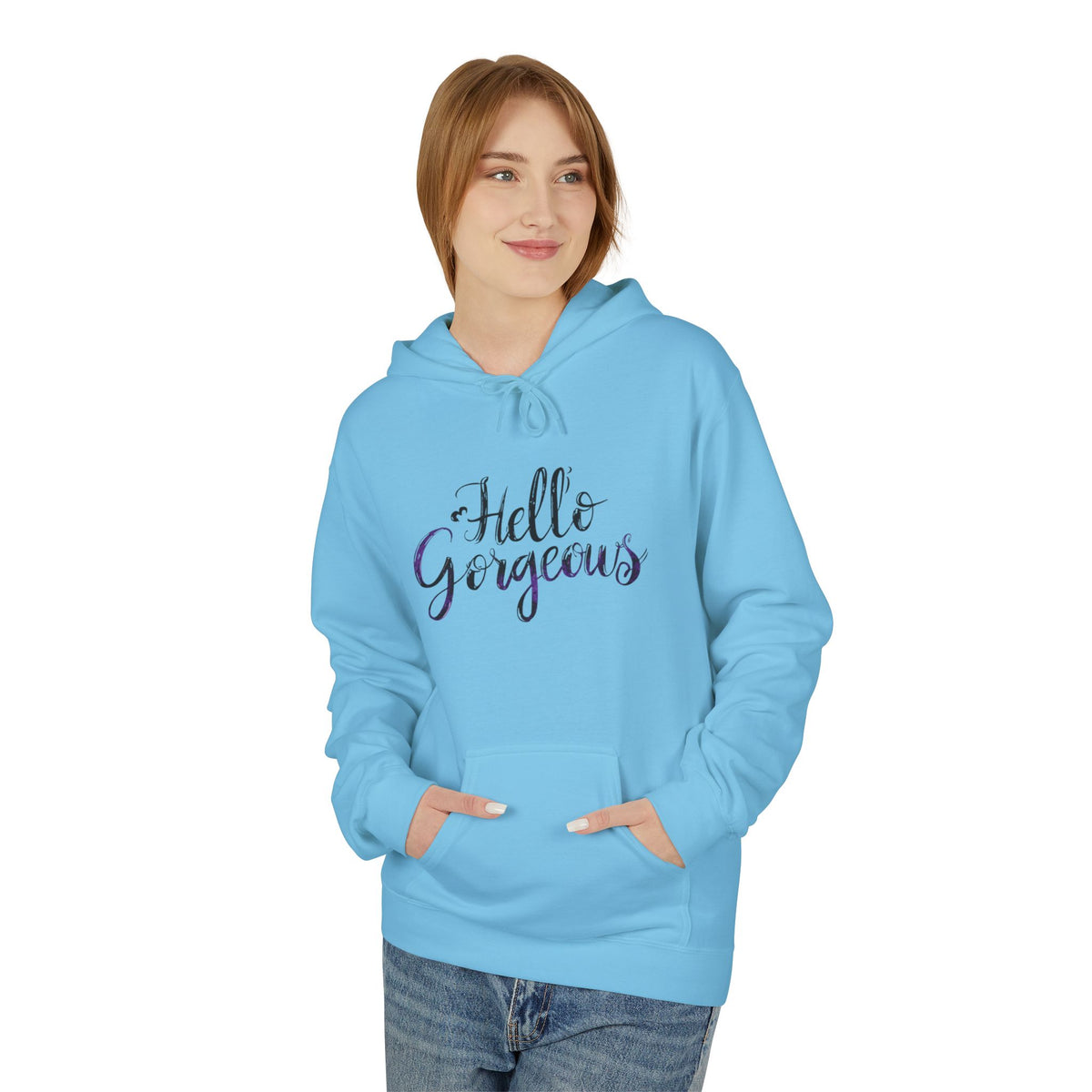 Hello Gorgeous Hoodie — Feminine Script Pullover for Women, Cute Gift for Friends & Self-Care