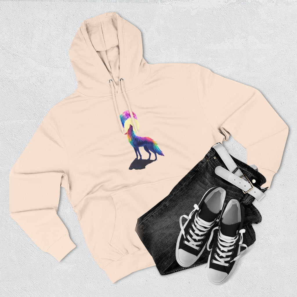 Rainbow Wolf Silhouette Hoodie | Colorful Moon Graphic