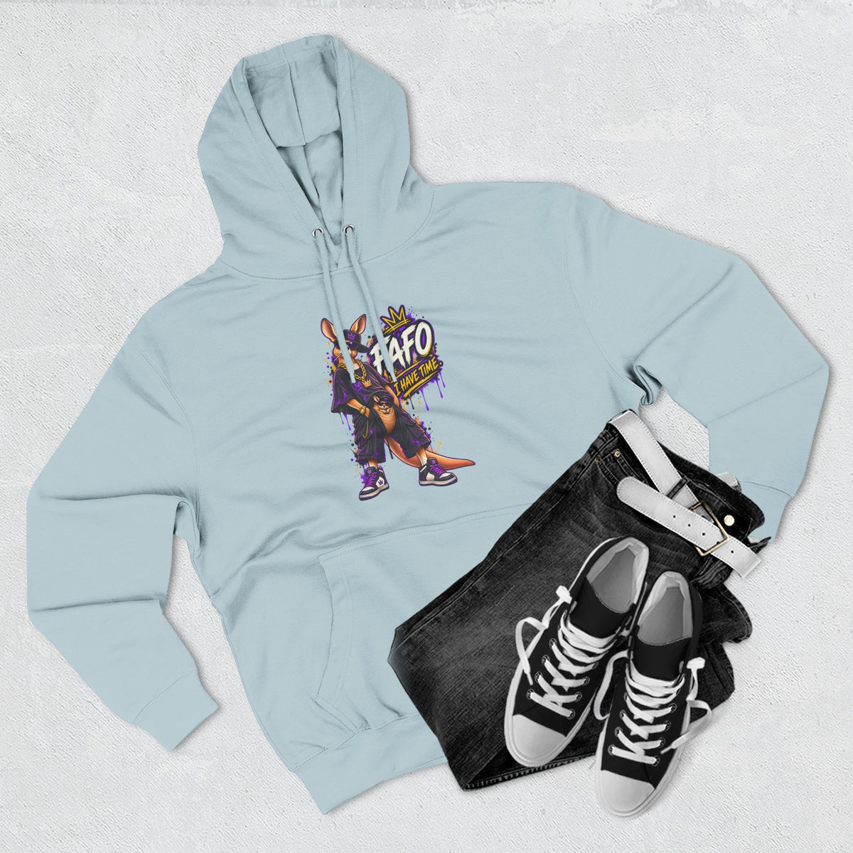 Streetstyle Kangaroo Graphic Hoodie — "FAFO" Retro Character Pullover