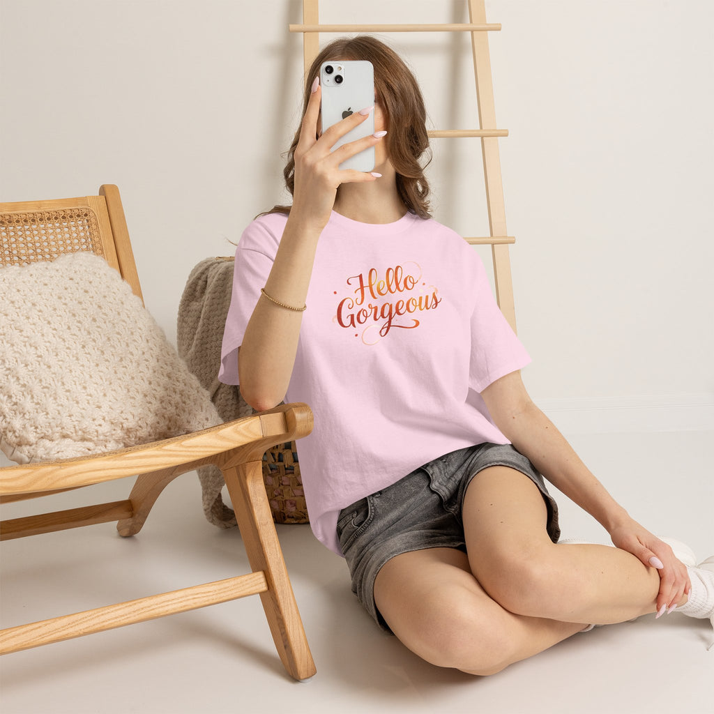 Hello Gorgeous Sunset T-Shirt — Feminine Script Graphic Tee